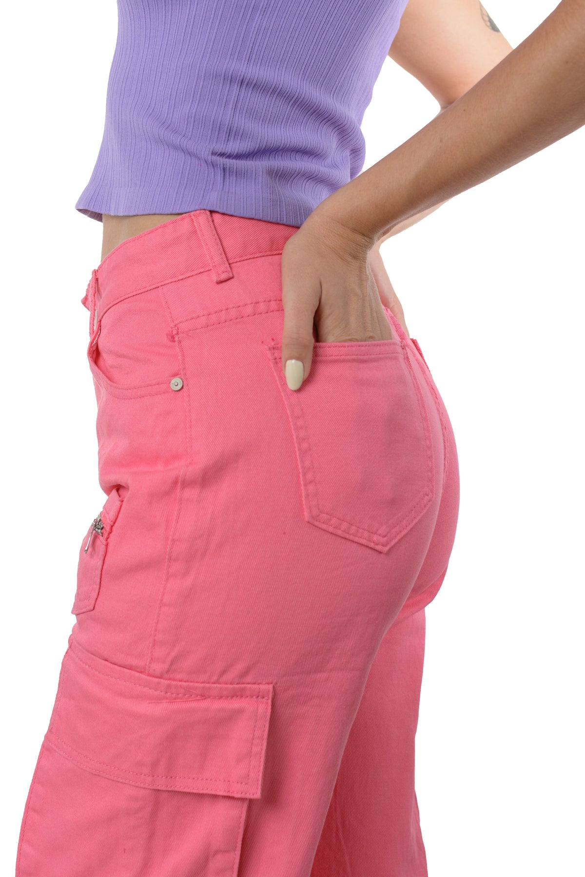 Pantalón Cargo Cintura Alta Con Bolsas Color Rosa