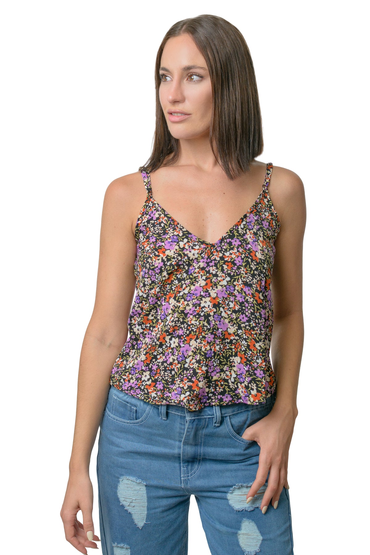 Camiseta con Estampado de Flores de Cuello V